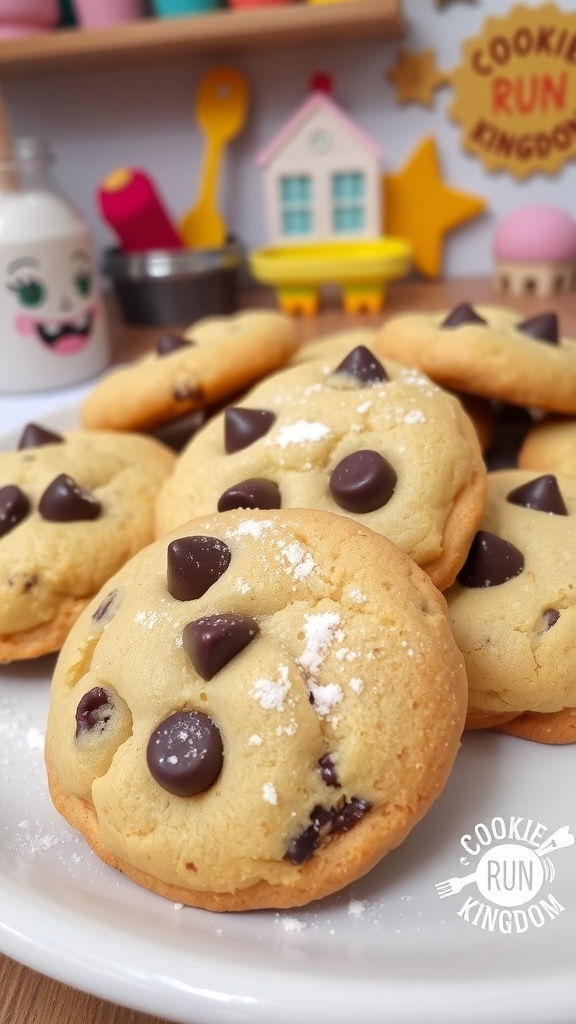 A plate of Beast Yeast cookies with chocolate chips, set in a colorful kitchen.